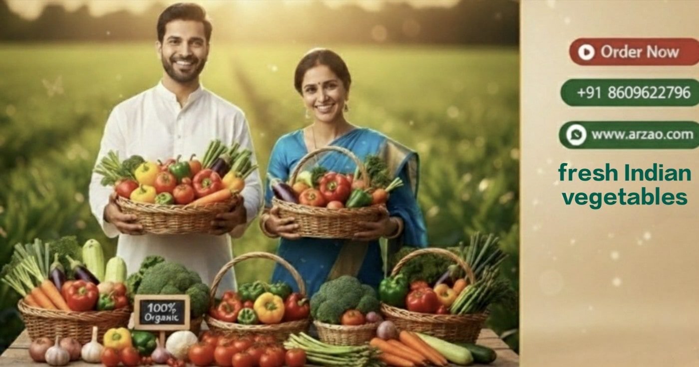 Fresh vegetables and fruits – cabbage, tomato, eggplant, pumpkin, papaya, banana, mango, guava