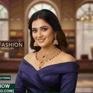 Elegant Indian woman wearing exquisite gold and ruby jewellery set by Arzao Fashion – designer necklace and earrings collection.