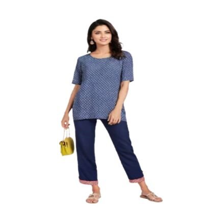 Buy Women’s Blue Printed Cotton Kurti with Straight Pants | Comfortable Daily Wear | Arzao Fashion