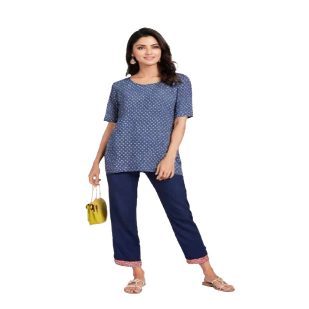 Buy Women's Blue Printed Cotton Kurti with Straight Pants | Comfortable Daily Wear | Arzao Fashion