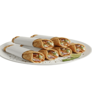 Plate full of freshly made egg rolls wrapped with soft paratha, filled with onion, salad and spices