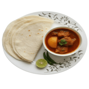 Soft rice flour roti served with spicy chicken curry cooked with potatoes and garnished with coriander, lime and green chili,