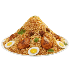 Large plate of chicken biryani with boiled eggs, chicken drumsticks, fried onions and mint garnish.
