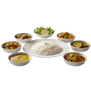 Fresh Bengali Veg Thali with rice, dal, vegetable curry, salad and side dishes served on white plate