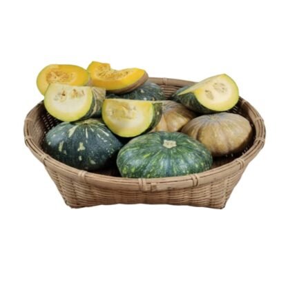 Fresh Whole and Sliced Green Pumpkin in Basket – Organic Seasonal Vegetable for Cooking